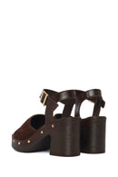 Woman Brown Ankle-Buckle Thick-Heel Suede Leather Sandals | Derimod