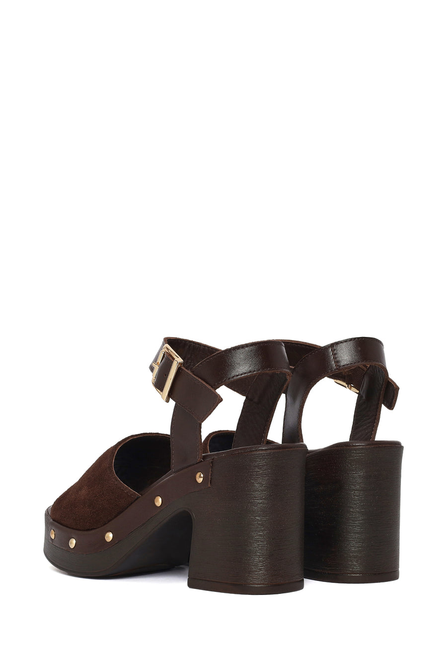 Woman Brown Ankle-Buckle Thick-Heel Suede Leather Sandals