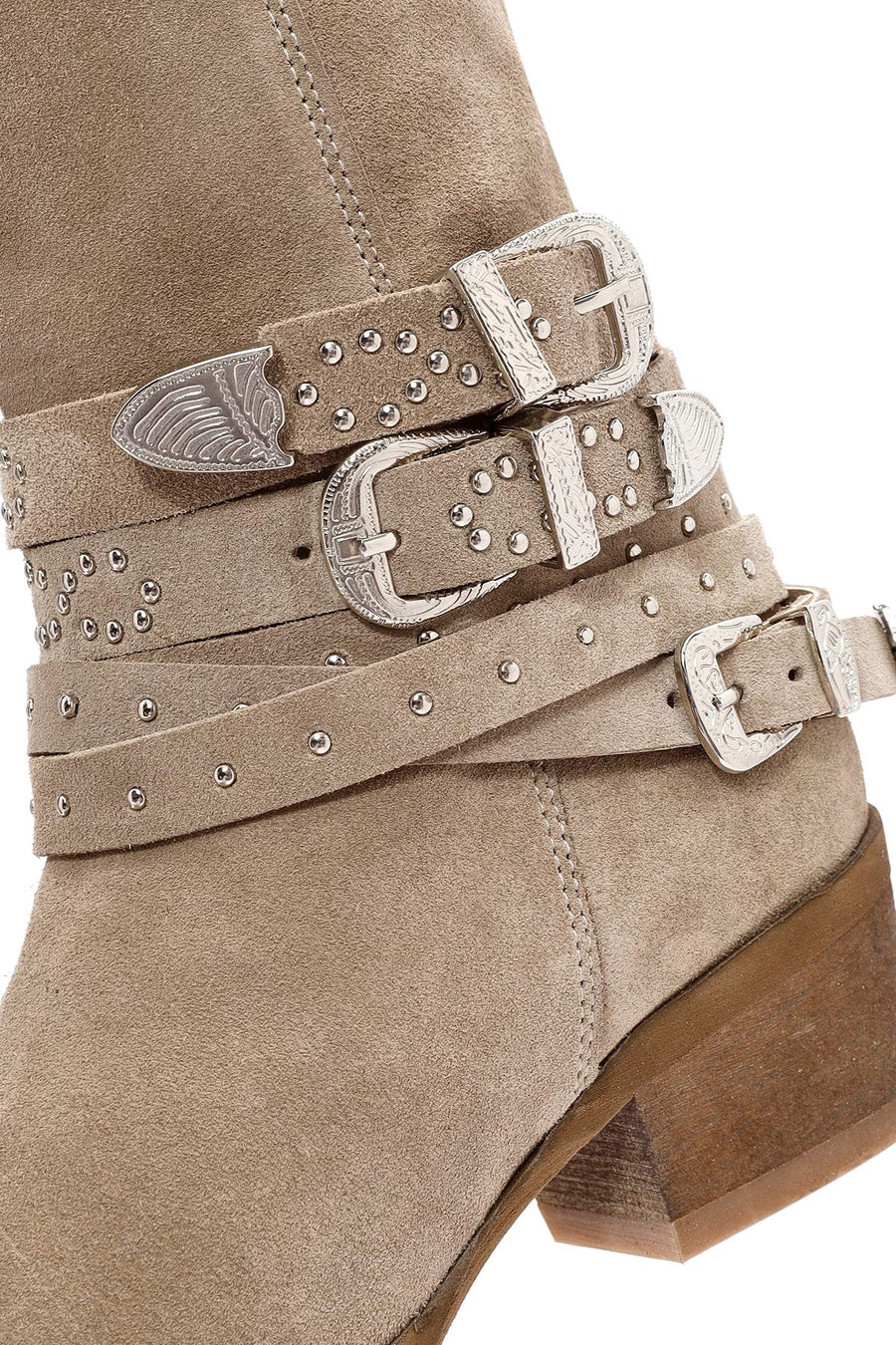 Women's Beige Thick Heel Buckle Detailed Suede Leather Cowboy Boots