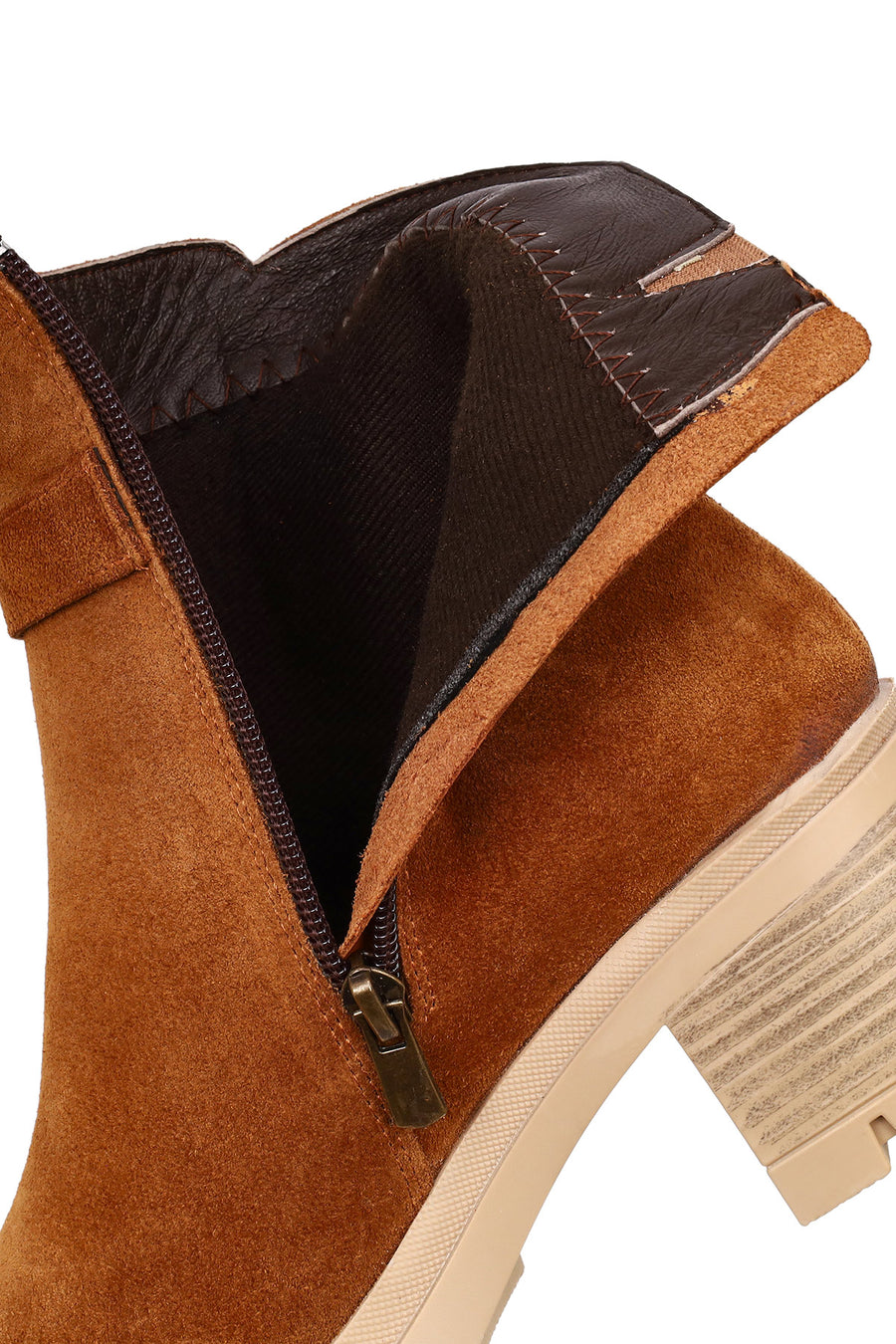 Women's Tan Thick Heeled Zippered Suede Leather Boot