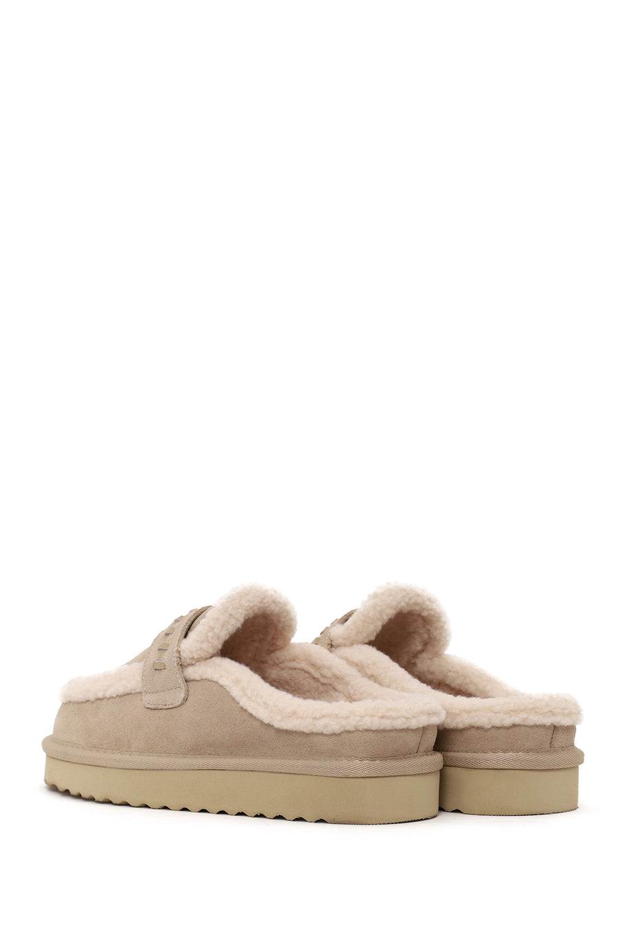 Woman Beige Thick-Soled Fur-Lined Suede Teddy Slipper