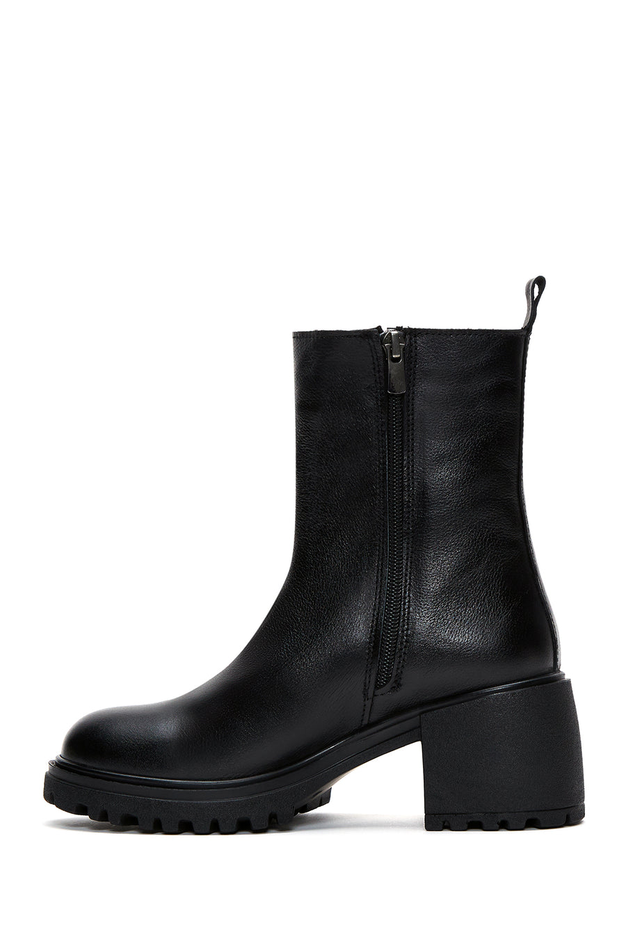 Women's Black Leather Zippered Heeled Boots