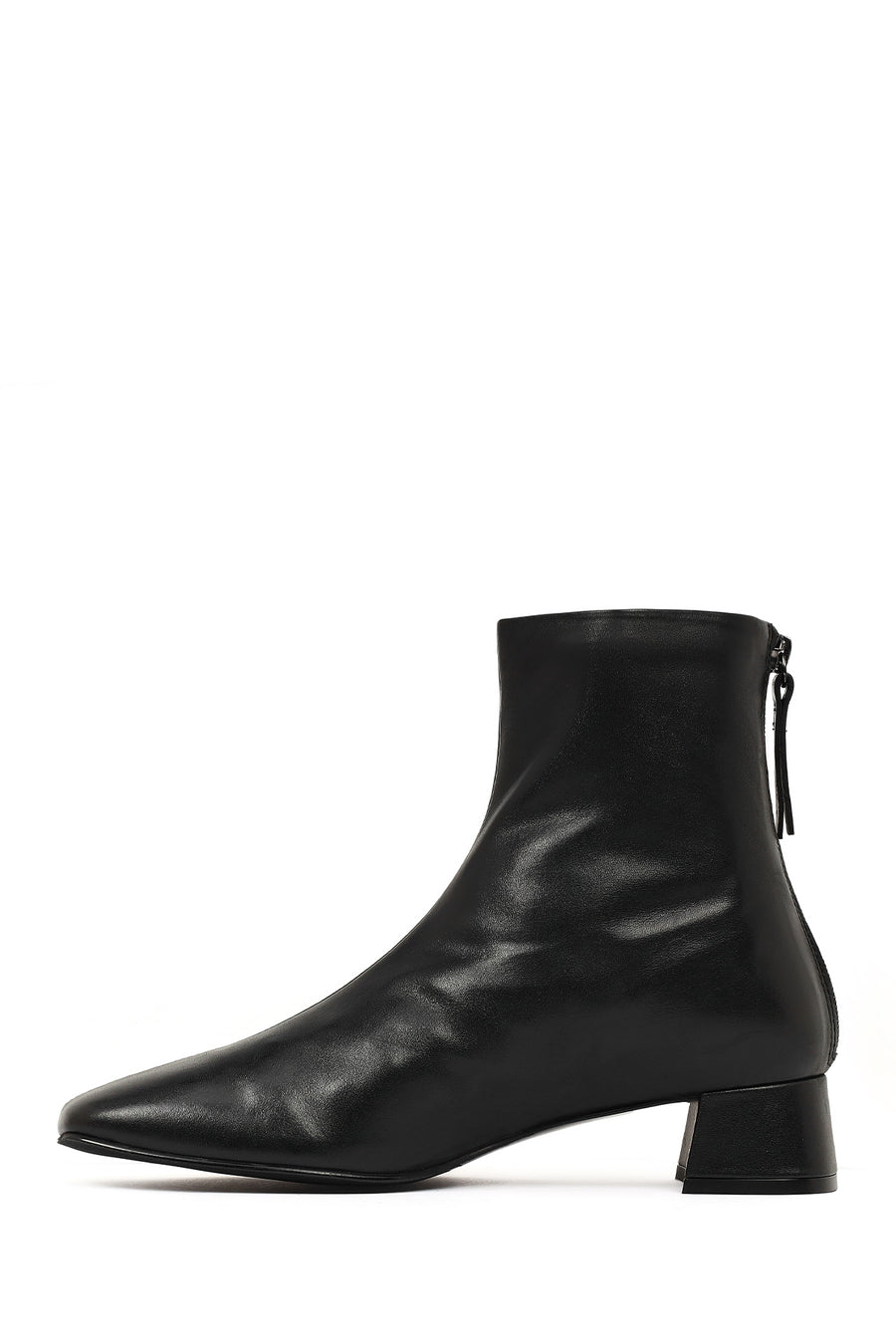 Women's Black Zippered Short Thick Heeled Leather Boots