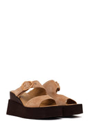 Woman Beige Buckled Wedge Heel Suede Slipper | Derimod