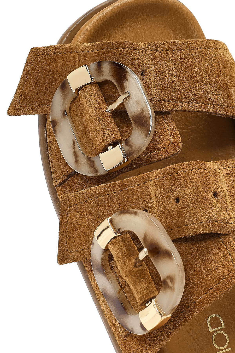 Women's Tan Double Buckle Suede Leather Slippers