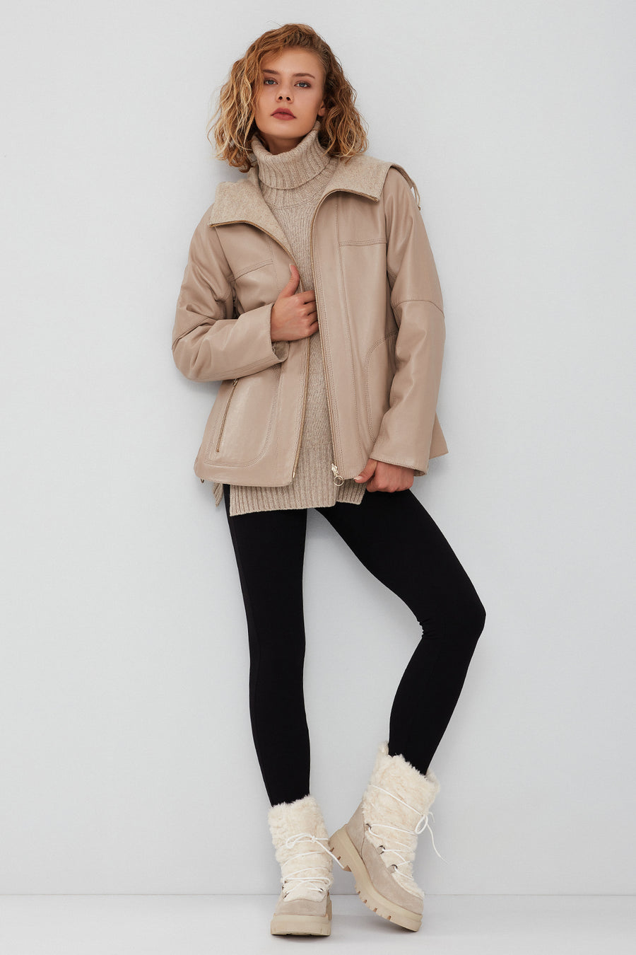 Roma Women's Beige Hooded Double-Sided Oversize Leather Jacket