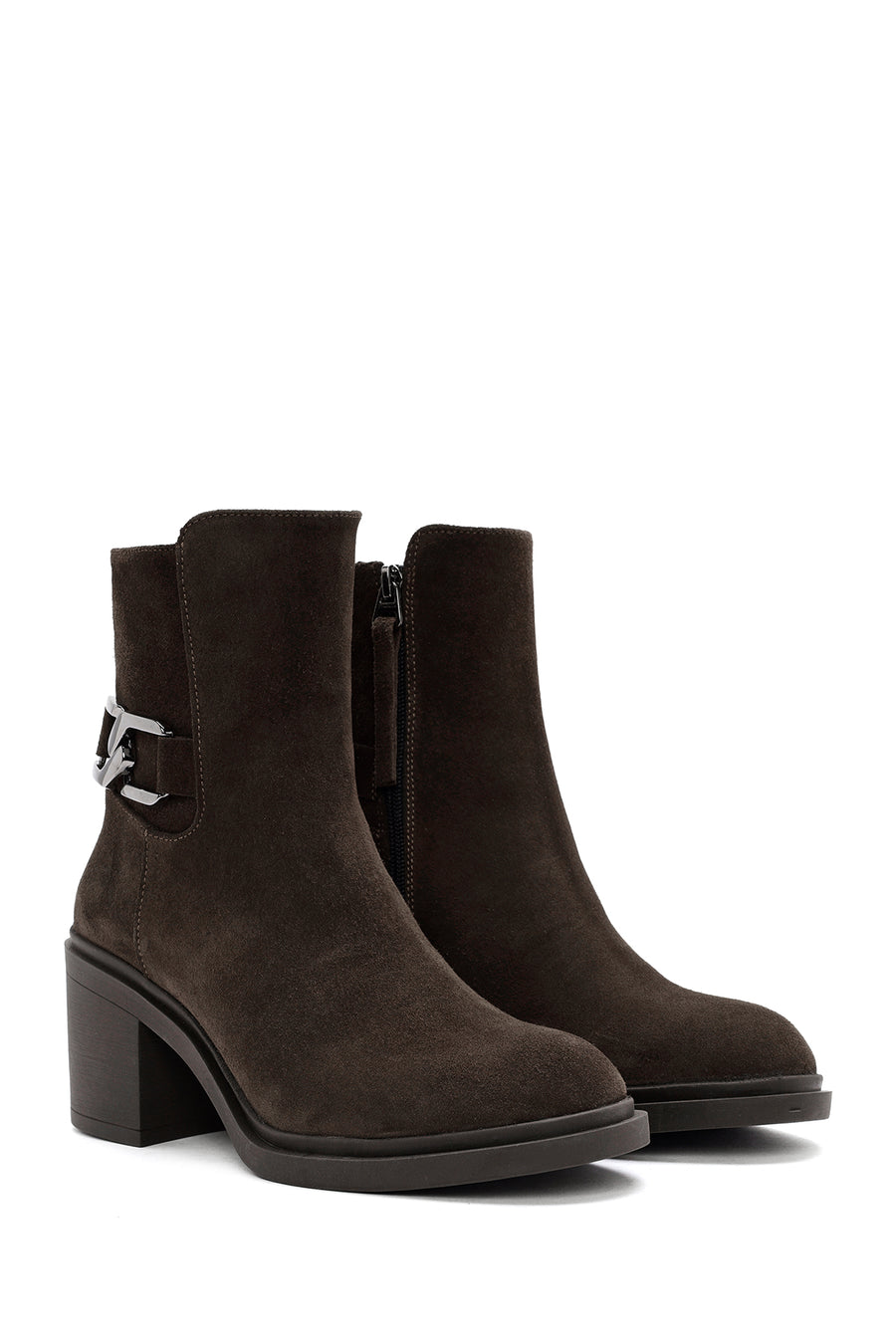 Women's Brown Heeled Zippered Suede Leather Boots