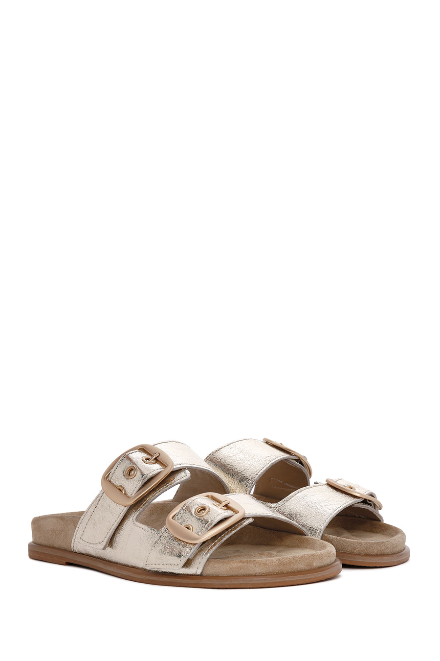 Women's Gold Buckled Metallic Leather Slippers