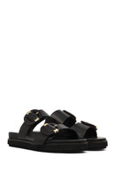Women's Black Double Buckled Leather Slippers | Derimod