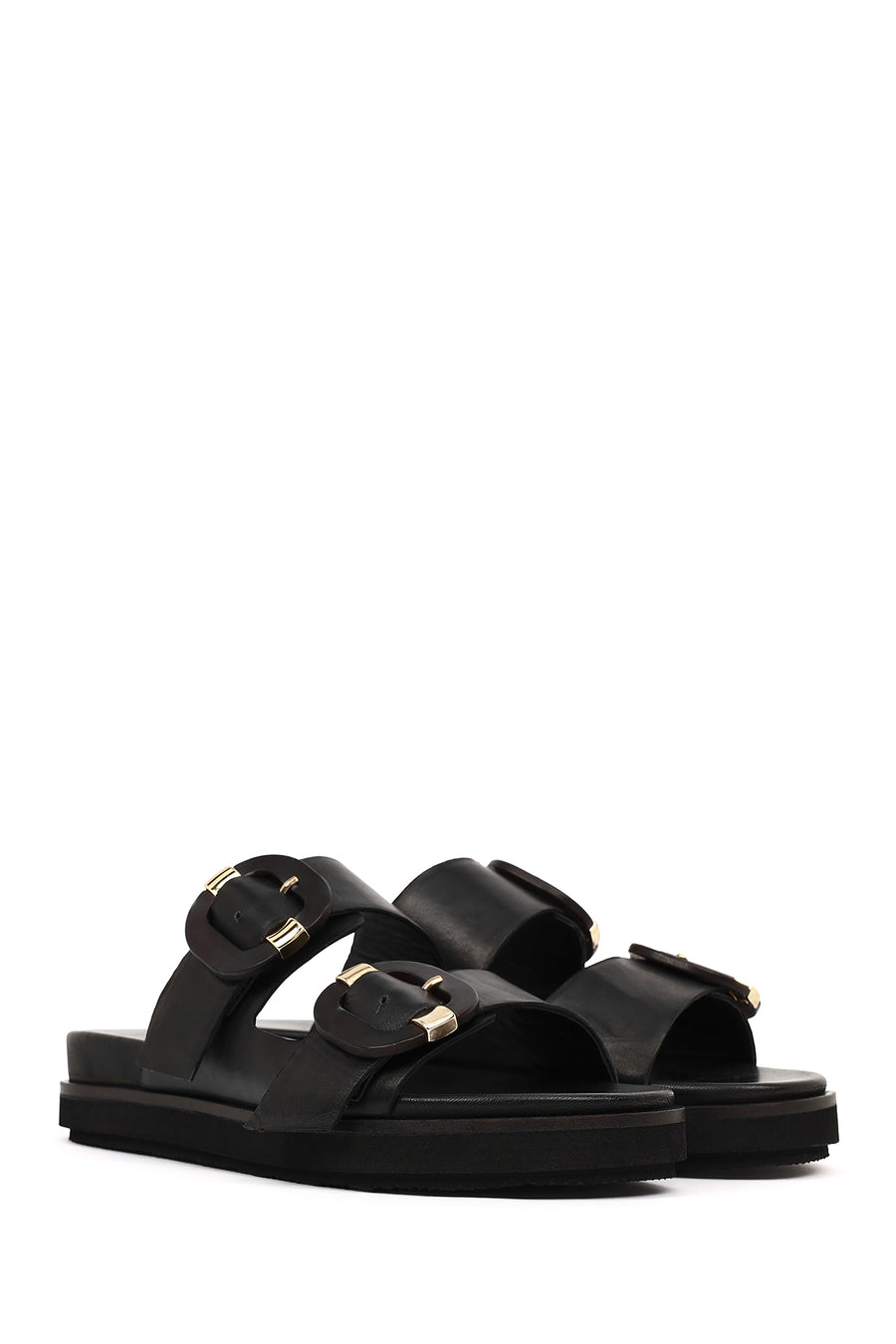 Women's Black Double Buckled Leather Slippers