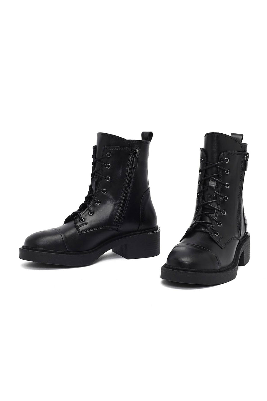Women's Black Lace-Up Zipper Leather Combat Boots