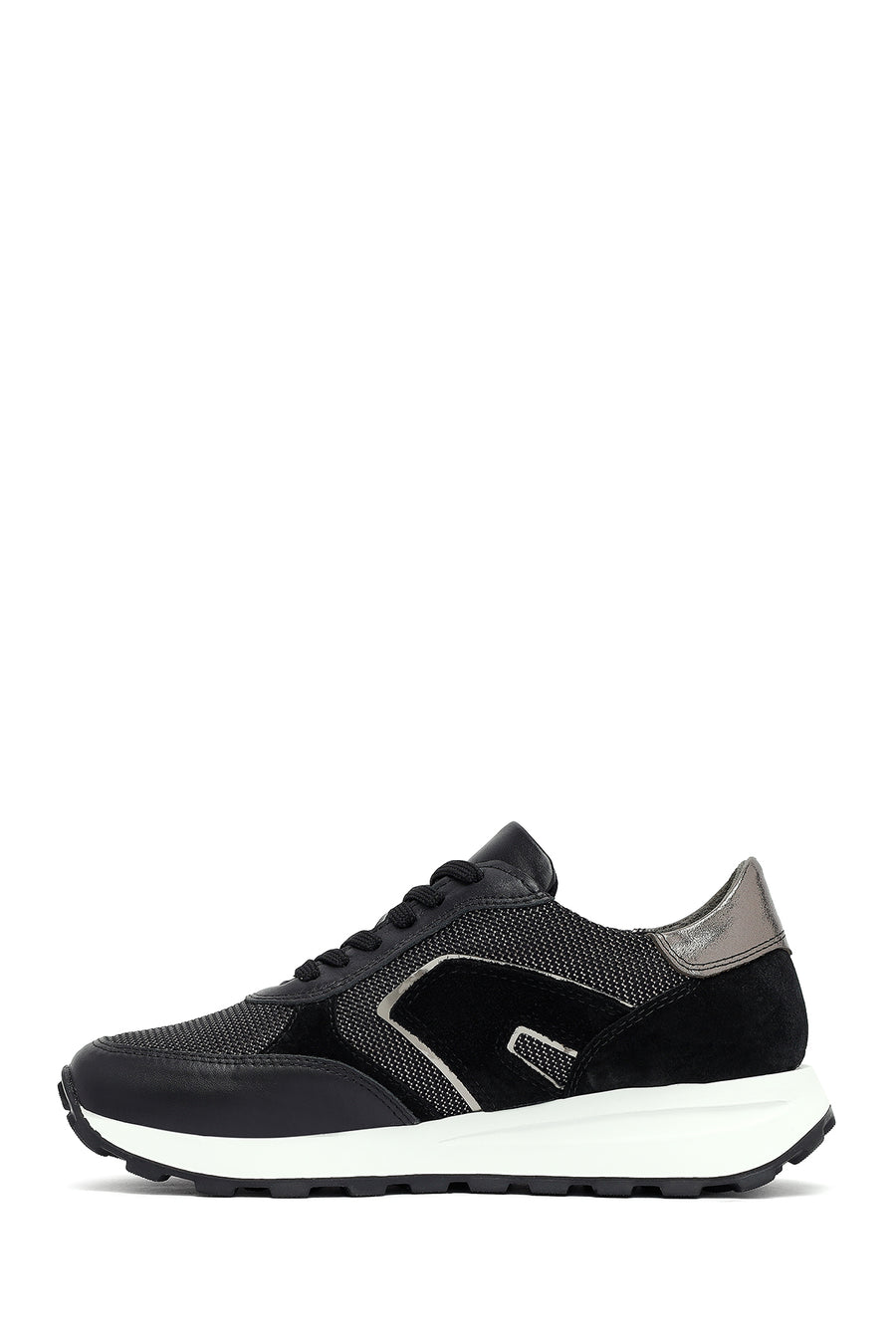 Woman Black Lace-Up Thick Sole Leather Sneakers