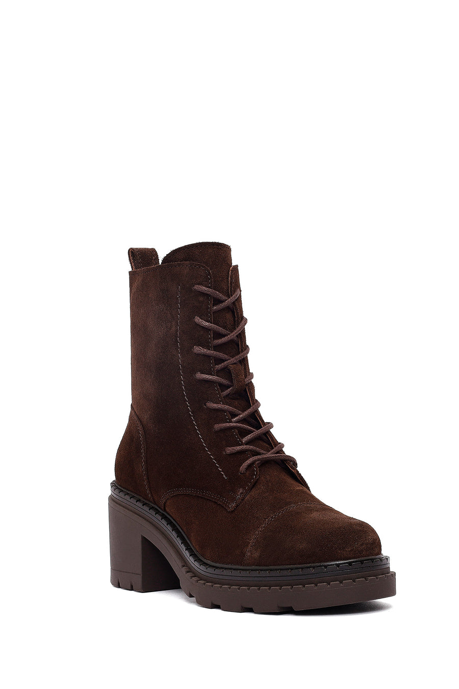 Women's Brown Zippered Thick Heeled Suede Leather Ankle Boots