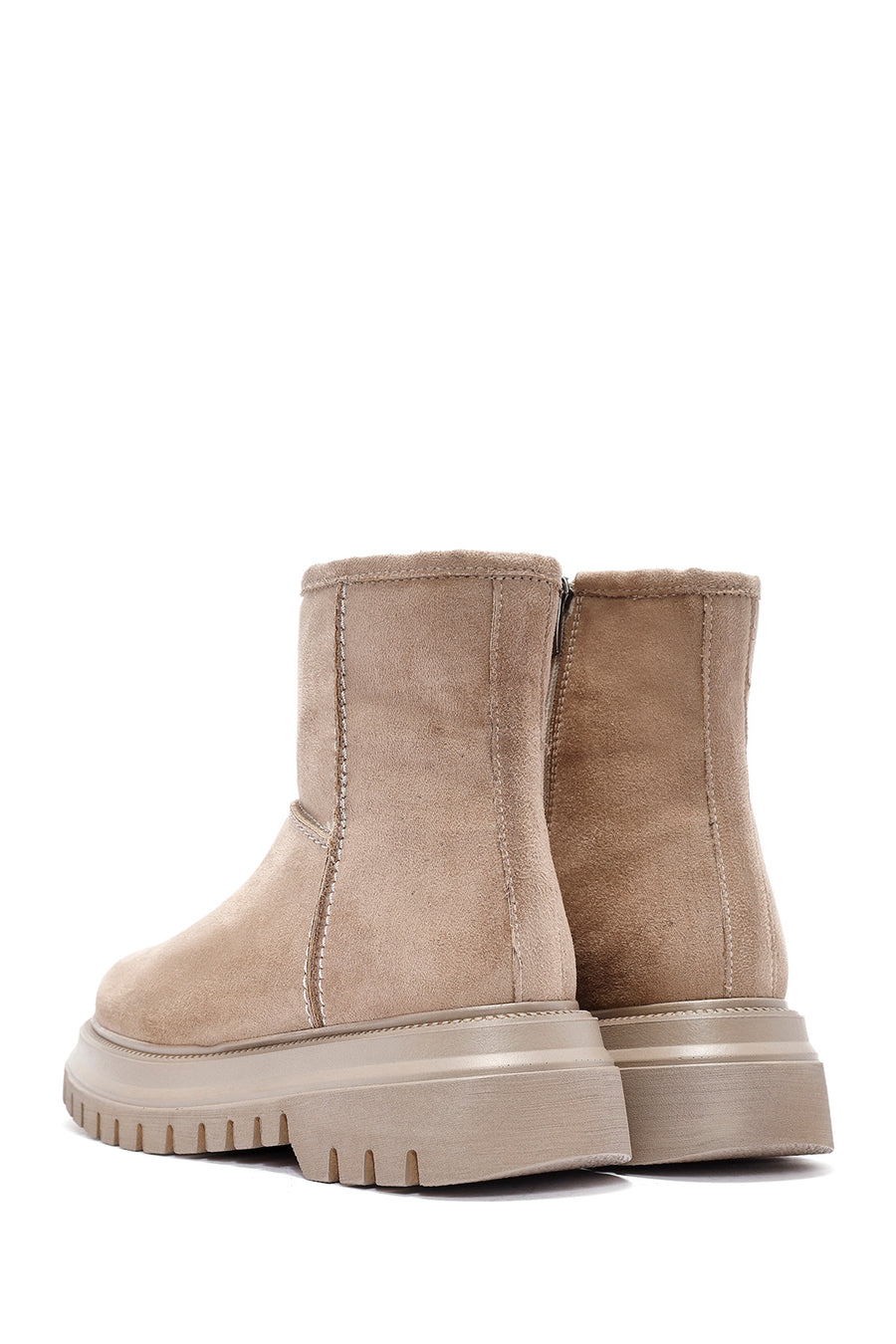 Woman Beige Zippered Suede Boots