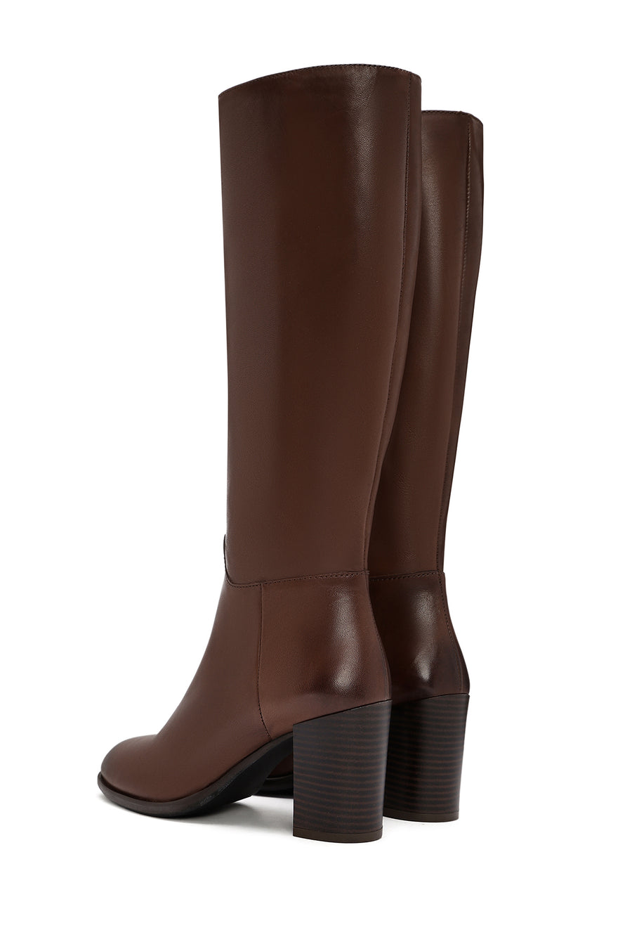 Woman Brown Zippered Chunky Heels Leather Boot