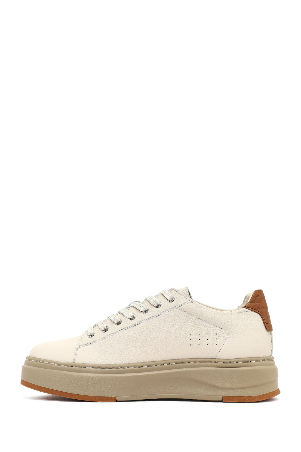 Erkek Beyaz Bağcıklı Kalın Tabanlı Deri Sneaker