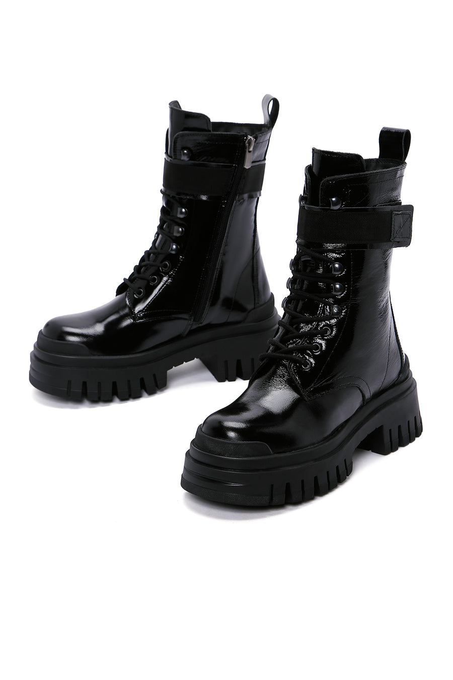 Women's Black Patent Leather Thick Soled Boots