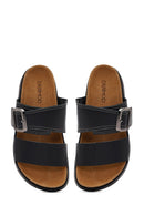 Women's Black Buckled Thick-Soled Leather Slippers | Derimod