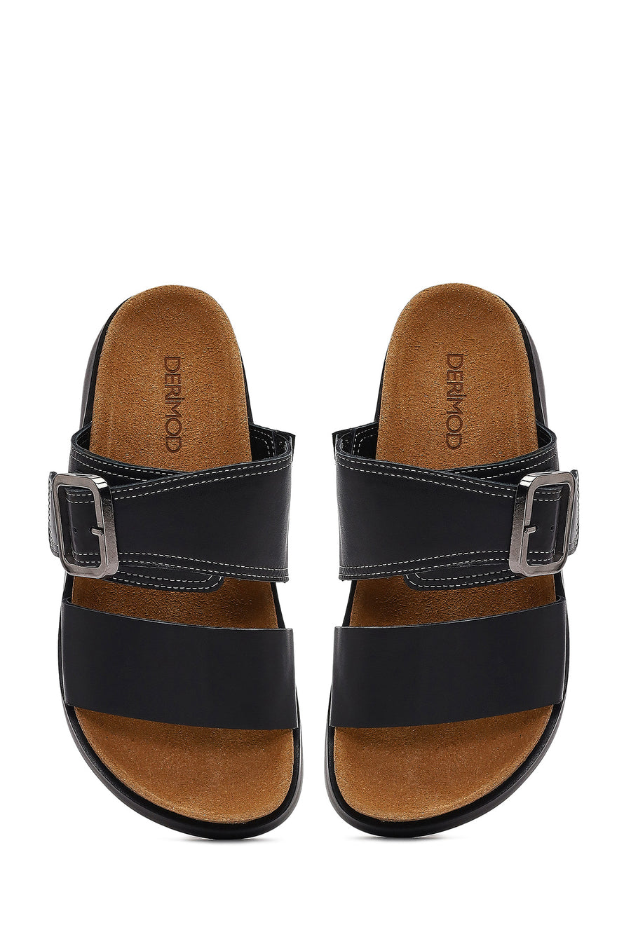 Women's Black Buckled Thick-Soled Leather Slippers