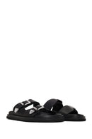Woman Black Double-Buckle Leather Slipper | Derimod