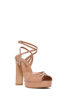 Woman Beige Ankle-Buckle Platform Thick High-Heeled Patent Leather Sandal | Derimod