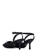 Woman Black Ankle-Buckle Floral Embroidered Open-Back Thin High Heel | Derimod
