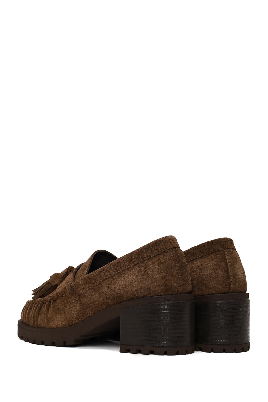 Woman Walnut Tassel Chunky Heeled Suede Loafer