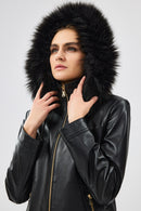 Meggy Women's Black Hooded Collar Fur Regular Leather Jacket | Derimod