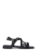 Women's Black Knitted Detailed Leather Bodrum Sandals | Derimod