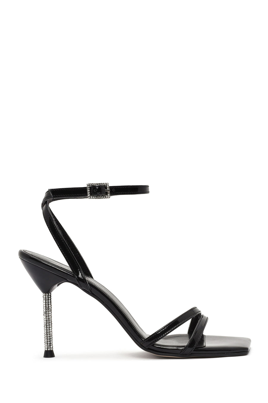 Women's Black Ankle Buckle Stoned Thin Heel Patent Leather Sandals 25SFE391416 | Derimod
