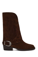 Woman Brown Buckled Short Thick-Heeled Suede Boots | Derimod