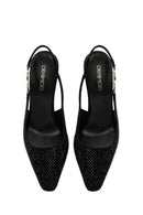 Women's Black Stoned Slingback Heeled Leather Shoes | Derimod