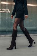 Woman Brown Zip Closure Heeled Suede Boot | Derimod