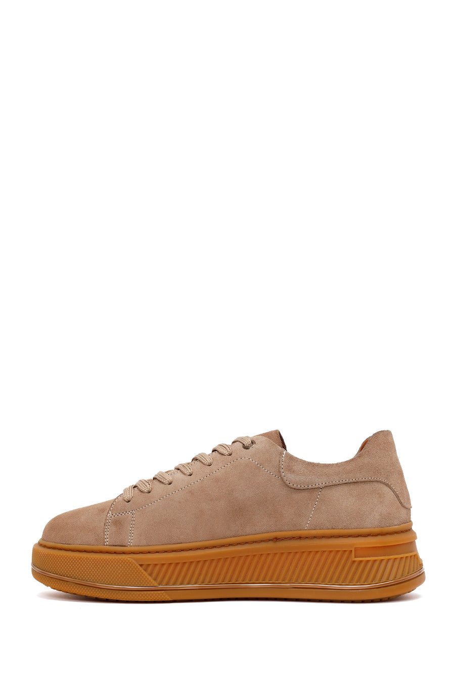 Erkek Bej Bağcıklı Kalın Tabanlı Süet Deri Sneaker