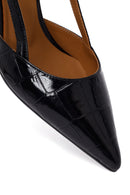 Woman Black Open-Back Thin-Heeled Croc-Embossed Leather Shoes | Derimod