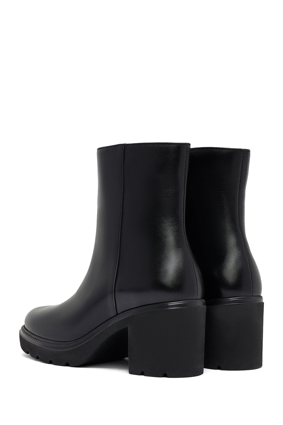 Women's Black Zippered Thick Heeled Leather Boot