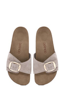 Women's Mink Buckled Suede Leather Slippers | Derimod