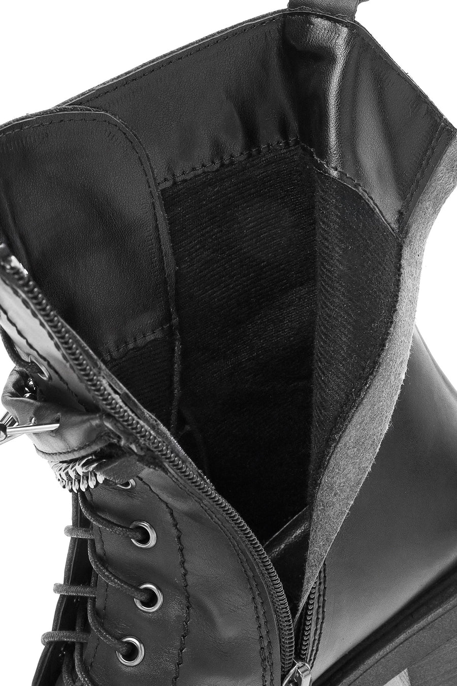 Women's Black Zippered Accessory Detailed Thick Heeled Leather Combat Boots