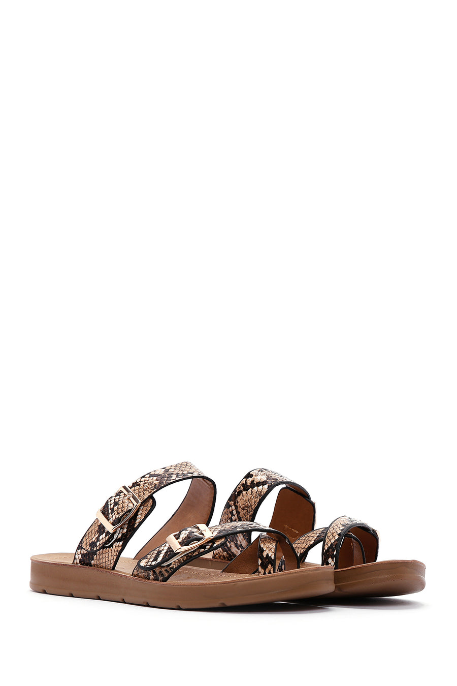 Women's Brown Double Buckled Patterned Slippers