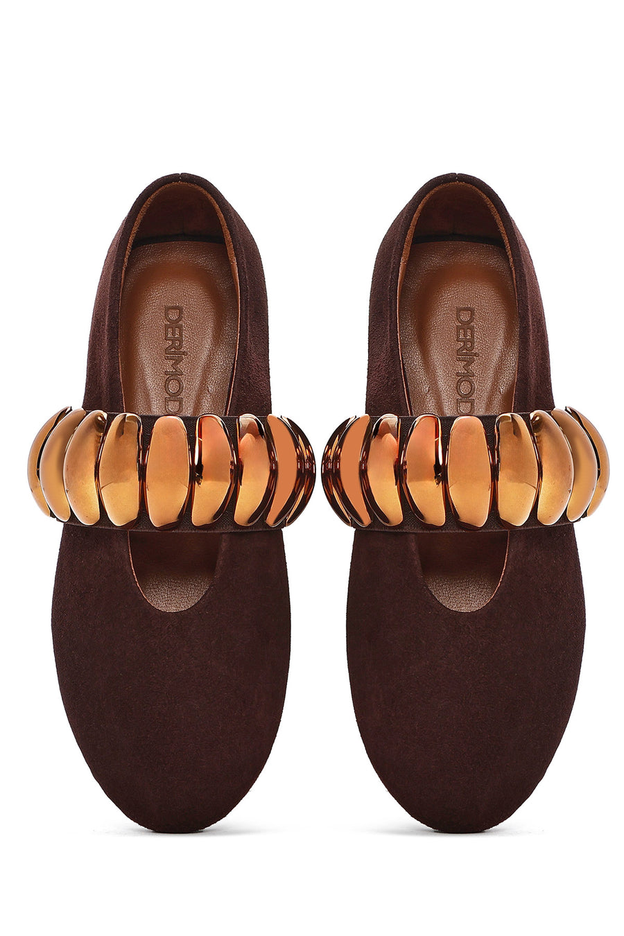 Women's Brown Metal Detailed Suede Leather Ballerinas