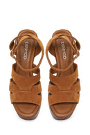 Women's Tan Ankle Buckle Thick High Heel Suede Leather Sandals | Derimod
