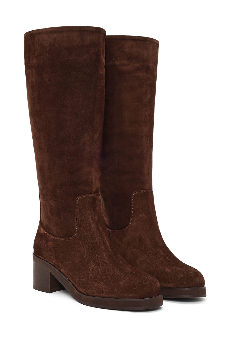 Woman Brown Thick Heeled Suede Boots