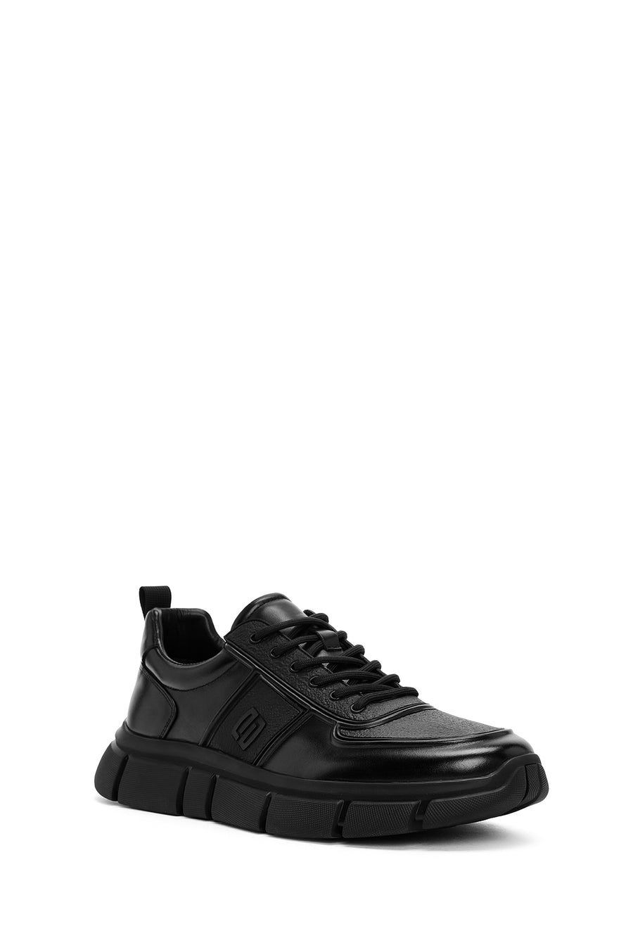 Men's Black Lace-Up Thick-Soled Leather Casual Sneakers