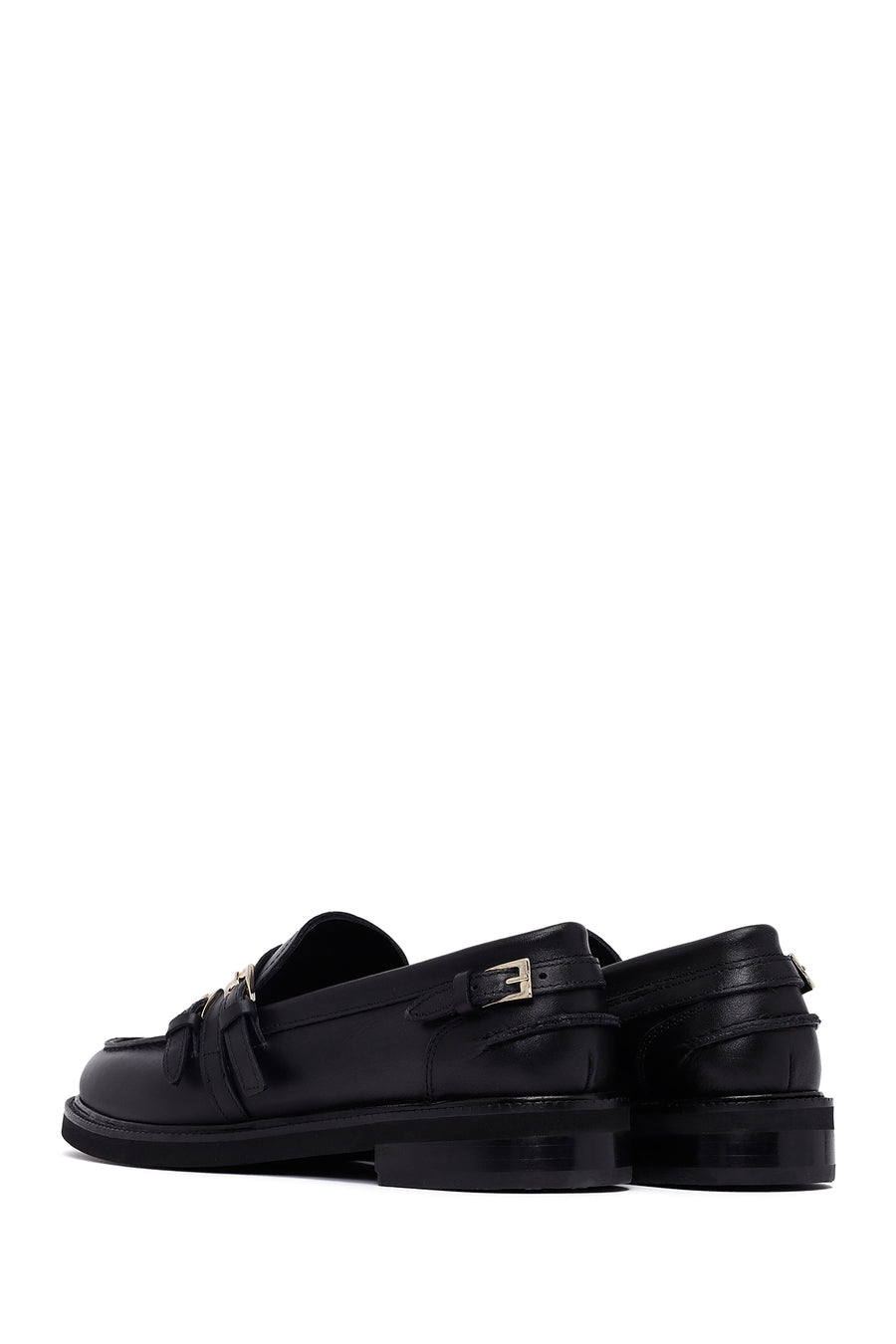 Woman Black Buckled Leather Masculine Loafer