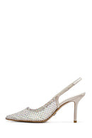 Women's Beige Stoned Open Back Thin Heeled Leather Shoes | Derimod