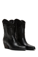 Women's Black Leather Cowboy Heeled Boots | Derimod