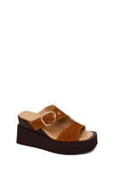 Woman Tan Buckled Wedge Heel Suede Slipper | Derimod