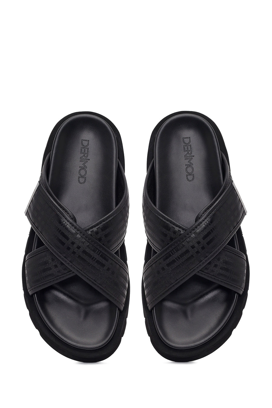 Men's Black Patterned Leather Slippers