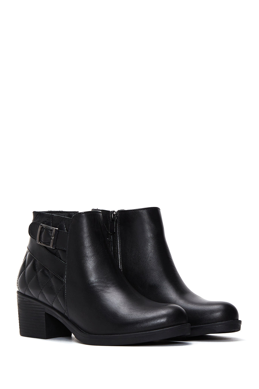 Women's Black Zippered Buckle Detailed Thick Heeled Leather Boots
