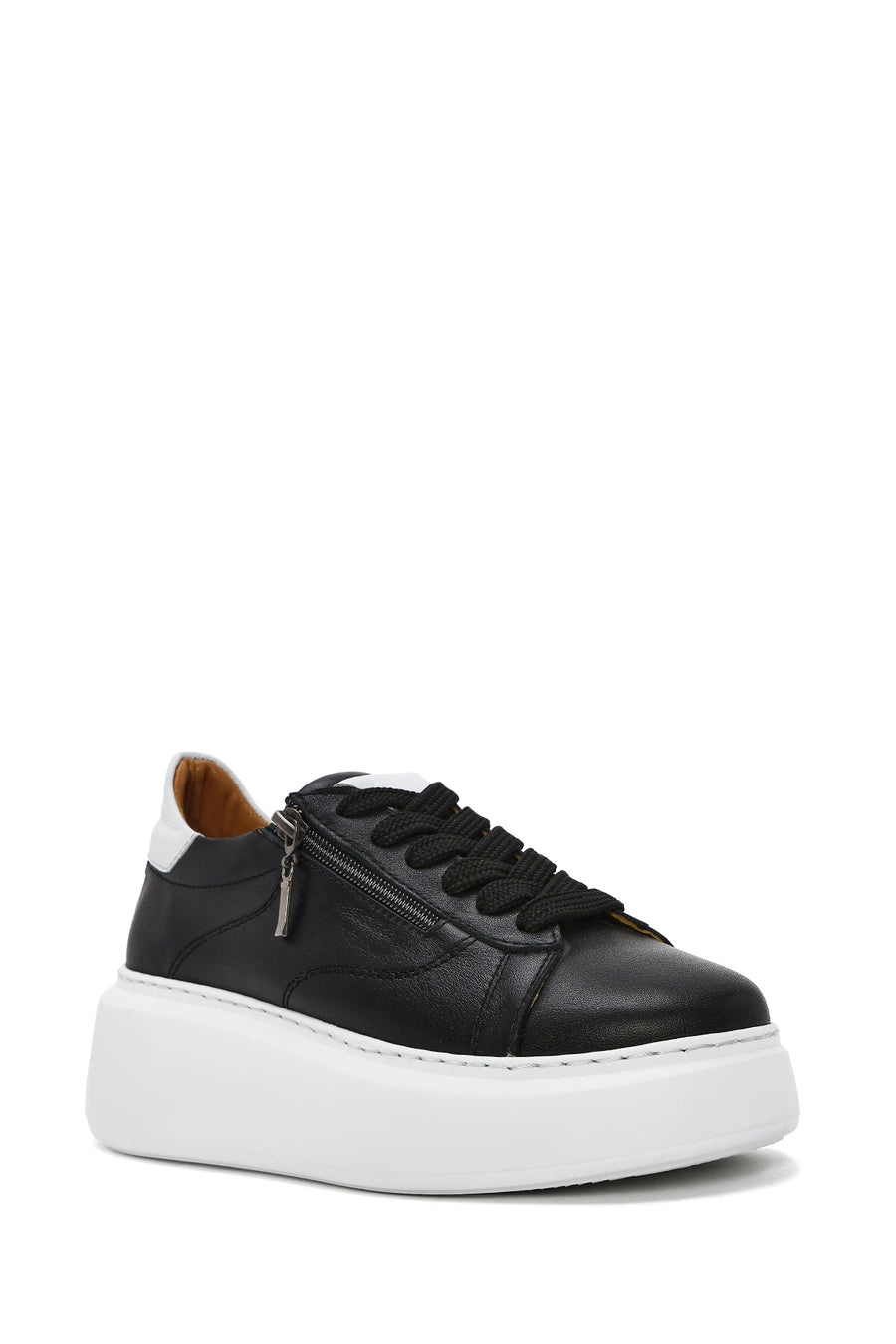 Women's Black Zippered Lace-Up Thick-Sole Leather Sneakers